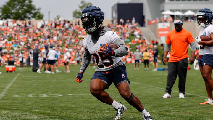 Denver Broncos running back Samaje Perine (25) during training camp at Broncos Park Powered by CommonSpirit.