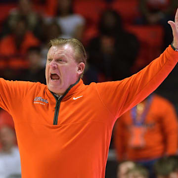 Feb 25, 2025; Champaign, Illinois, USA;  Illinois Fighting Illinois head coach Brad Underwood during the second half against the Iowa Hawkeyes at State Farm Center. Mandatory Credit: Ron Johnson-Imagn Images