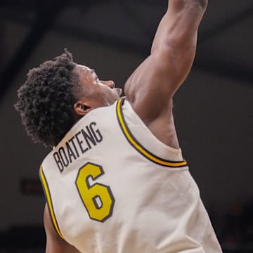 Nov 8, 2024; Columbia, Missouri, USA; Missouri Tigers guard Annor Boateng (6) shoots a layup against the Howard Bison during the first half at Mizzou Arena. Mandatory Credit: Denny Medley-Imagn Images