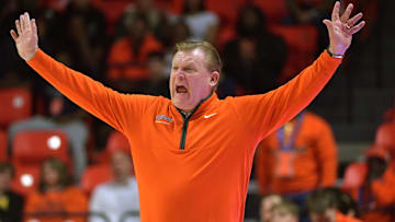 Feb 25, 2025; Champaign, Illinois, USA;  Illinois Fighting Illinois head coach Brad Underwood during the second half against the Iowa Hawkeyes at State Farm Center. Mandatory Credit: Ron Johnson-Imagn Images