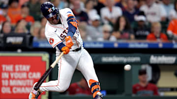 Sep 7, 2024; Houston, Texas, USA; Houston Astros left fielder Chas McCormick (20) hits an RBI single against the Arizona Diamondbacks during the fourth inning at Minute Maid Park. 