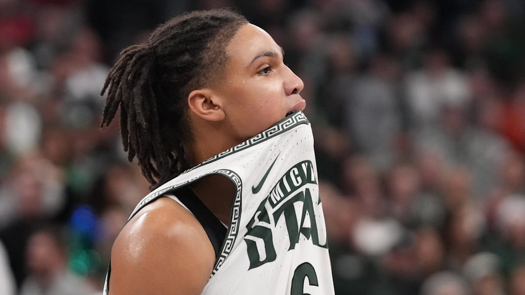 Mar 13, 2026; Chicago, IL, USA; Michigan State Spartans forward Jordan Scott (6) after fouling late in the game against the UCLA Bruins during the second half at United Center. Mandatory Credit: David Banks-Imagn Images