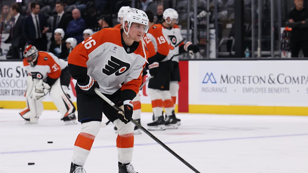 Jan 21, 2026; Salt Lake City, Utah, USA; Philadelphia Flyers defenseman Emil Andrae (36) warms up before a game against the Utah Mammoth at Delta Center.