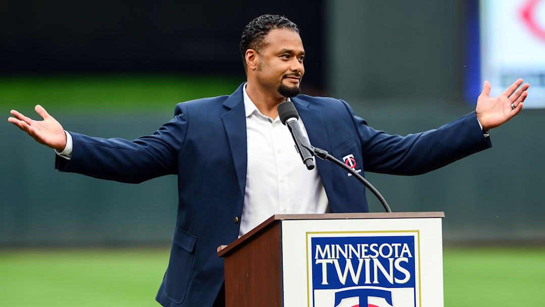 Aug 4, 2018; Minneapolis, MN, USA; Johan Santana reacts as he is inducted into the Minnesota Twins Hall of Fame before the game against the Kansas City Royals at Target Field. Mandatory Credit: Jeffrey Becker-Imagn Images