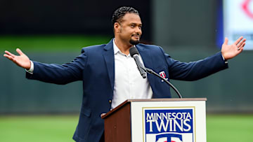 Aug 4, 2018; Minneapolis, MN, USA; Johan Santana reacts as he is inducted into the Minnesota Twins Hall of Fame before the game against the Kansas City Royals at Target Field. Mandatory Credit: Jeffrey Becker-Imagn Images