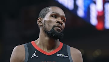 Nov 21, 2025; Houston, Texas, USA; Houston Rockets forward Kevin Durant (7) reacts after a play during the fourth quarter against the Denver Nuggets at Toyota Center. Mandatory Credit: Troy Taormina-Imagn Images