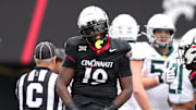 Cincinnati Bearcats linebacker Tyler Gillison (19) reacts after a defensive play in the fourth quarter during a college football game between the Baylor Bears and the Cincinnati Bearcats, Saturday, Oct. 21, 2023, at Nippert Stadium in Cincinnati.
