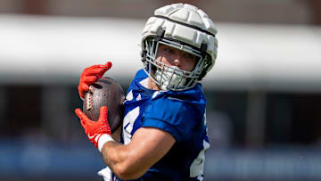 New York Giants running back Cam Skattebo (44) makes a catch during day one of the New York Giants training camp at Quest Diagnostics Giants Training Center in East Rutherford on Wednesday, July 23, 2025.