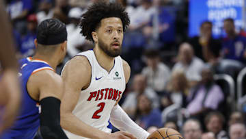 Apr 24, 2025; Detroit, Michigan, USA; Detroit Pistons guard Cade Cunningham (2) dribbles in the second half against the New York Knicks during game three of first round for the 2024 NBA Playoffs at Little Caesars Arena. Mandatory Credit: Rick Osentoski-Imagn Images