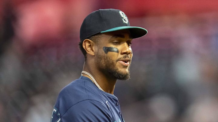Seattle Mariners center fielder Julio Rodriguez (44) celebrates after defeating the Minnesota Twins at Target Field on June 24. Seattle Mariners center fielder Julio Rodriguez (44) celebrates after defeating the Minnesota Twins at Target Field on June 24.