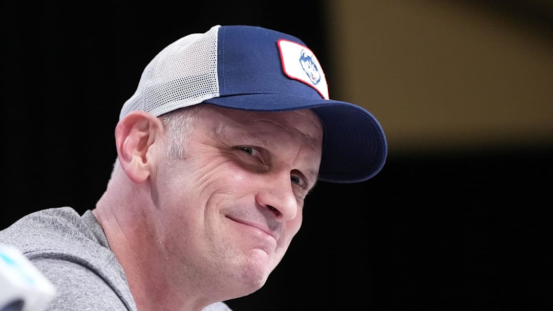 Apr 5, 2026; Indianapolis, IN, USA; UConn's head coach Dan Hurley during a press conference ahead of the Final Four of the men's 2026 NCAA Tournament at Lucas Oil Stadium.