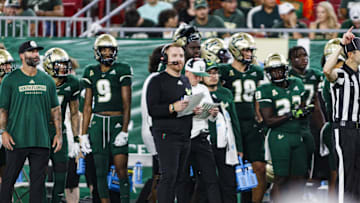 Sep 9, 2023; Tampa, Florida, USA; South Florida Bulls head coach Alex Golesh watching the game against Florida A&M Rattlers in the during the second quarter at Raymond James Stadium. Mandatory Credit: Morgan Tencza-Imagn Images