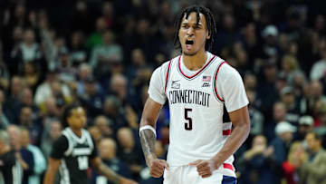 Jan 31, 2024; Storrs, Connecticut, USA; UConn Huskies guard Stephon Castle (5) reacts after his three point basket against the Providence Friars in the second half at Harry A. Gampel Pavilion. Mandatory Credit: David Butler II-Imagn Images