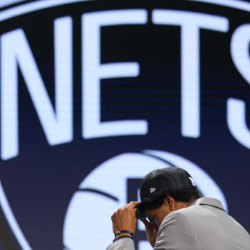 Jun 22, 2017; Brooklyn, NY, USA; Jarrett Allen (Texas) is introduced as the number twenty-two overall pick to the Brooklyn Nets in the first round of the 2017 NBA Draft at Barclays Center. Mandatory Credit: Brad Penner-USA TODAY Sports