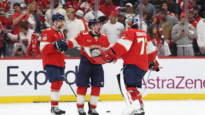 May 11, 2025; Sunrise, Florida, USA; Florida Panthers goaltender Sergei Bobrovsky (72), Florida Panthers center Brad Marchand (63) and Florida Panthers center Sam Reinhart (13) celebrate after they beat the Toronto Maple Leafs in game four of the second round of the 2025 Stanley Cup Playoffs at Amerant Bank Arena. Mandatory Credit: Kim Klement Neitzel-Imagn Images
