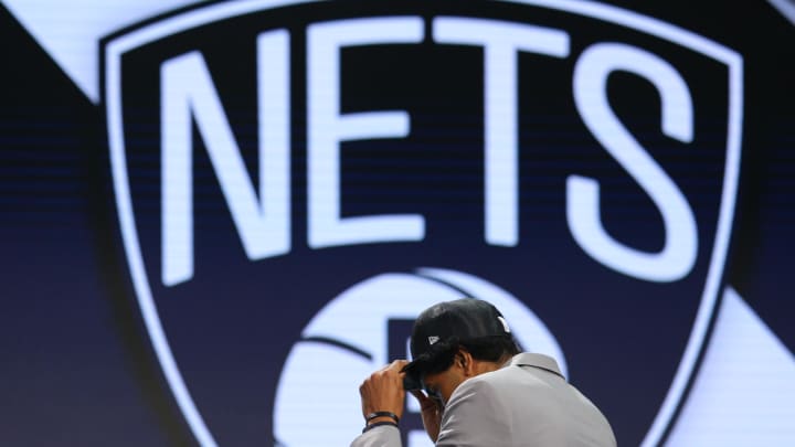 Jun 22, 2017; Brooklyn, NY, USA; Jarrett Allen (Texas) is introduced as the number twenty-two overall pick to the Brooklyn Nets in the first round of the 2017 NBA Draft at Barclays Center. Mandatory Credit: Brad Penner-USA TODAY Sports