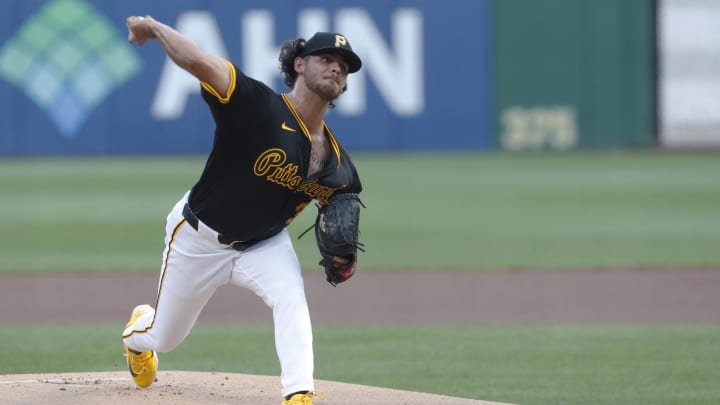 Pittsburgh Pirates starting pitcher Jared Jones (37) delivers a pitch against the Chicago Cubs during the first inning at PNC Park.