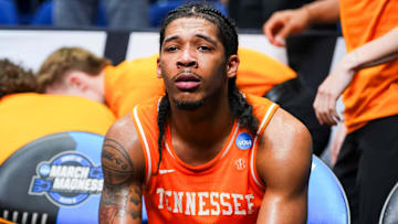 Tennessee guard Zakai Zeigler (5) is emotional after a NCAA Tournament Elite Eight game between Tennessee and Houston at Lucas Oil Stadium in Indianapolis, Ind., on Sunday, March 30, 2025.