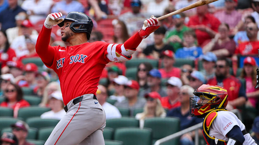 Apr 12, 2026; St. Louis, Missouri, USA; Boston Red Sox first baseman Willson Contreras (40) hits a two run home run against the St. Louis Cardinals during the first inning at Busch Stadium. Mandatory Credit: Jeff Curry-Imagn Images