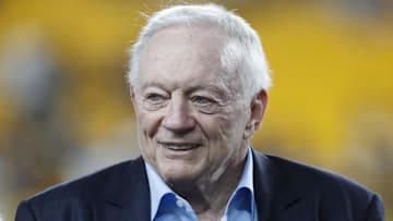 Oct 6, 2024; Pittsburgh, Pennsylvania, USA;  Dallas Cowboys owner Jerry Jones on the field before the game against the Pittsburgh Steelers at Acrisure Stadium. Mandatory Credit: Charles LeClaire-Imagn Images