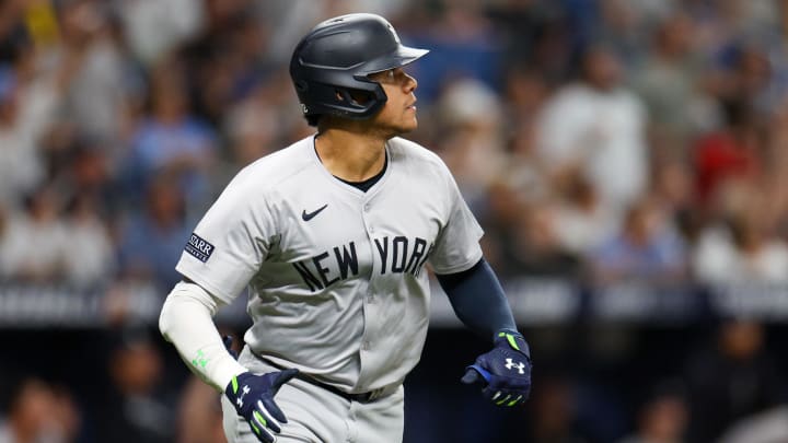 Jul 11, 2024; St. Petersburg, Florida, USA; New York Yankees outfielder Juan Soto (22) runs the bases after hitting a home run against the Tampa Bay Rays in the third inning  at Tropicana Field. Mandatory Credit: Nathan Ray Seebeck-USA TODAY Sports