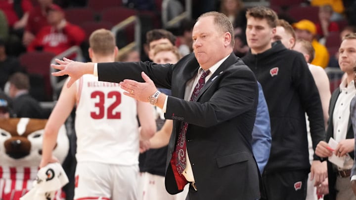 Mar 12, 2026; Chicago, IL, USA; Wisconsin Badgers head coach Greg Gard gestures to his team against the Washington Huskies during the second half at United Center. Mandatory Credit: David Banks-Imagn Images