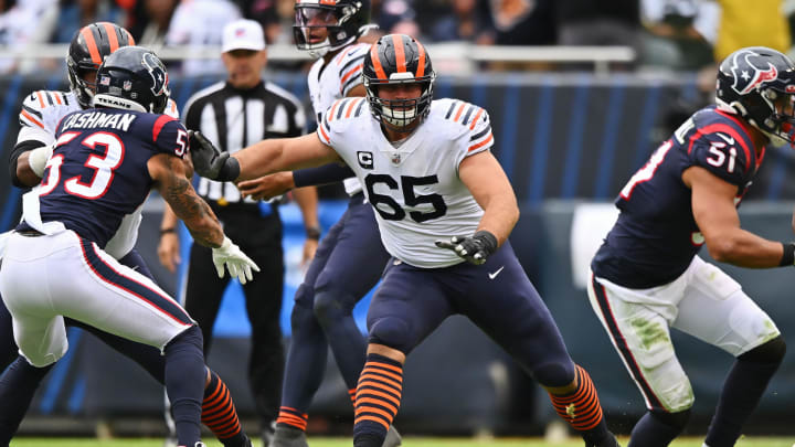 Sep 25, 2022; Chicago, Illinois, USA;  Chicago Bears offensive lineman Cody Whitehair (65) blocks against the Houston Texans at Soldier Field. Chicago defeated Houston 23-20.  Mandatory Credit: Jamie Sabau-USA TODAY Sports