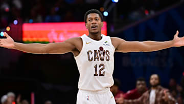 Cleveland Cavaliers forward De'Andre Hunter (12) celebrates after hitting a three-point basket against the Milwaukee Bucks.