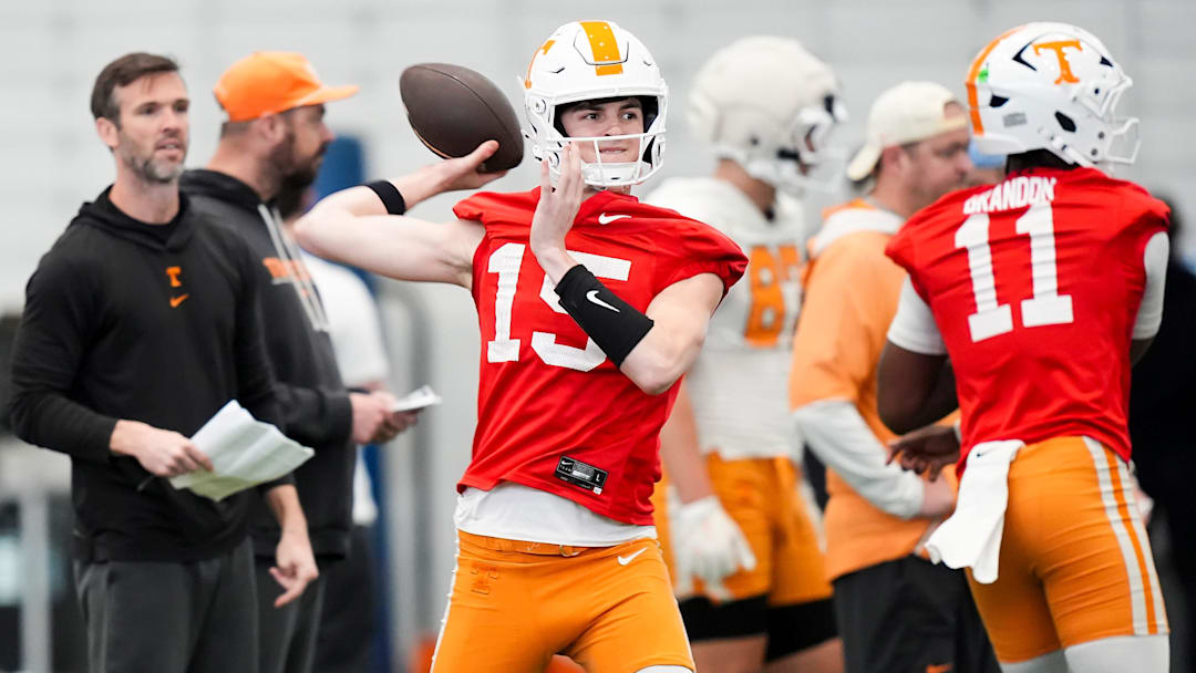 Tennessee quarterback George MacIntyre (15) during the Vols' spring football practice in Knoxville on March 17, 2026. Tennessee quarterback George MacIntyre (15) during the Vols' spring football practice in Knoxville on March 17, 2026.