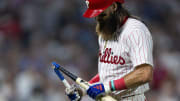 Jul 30, 2024; Philadelphia, Pennsylvania, USA; Philadelphia Phillies outfielder Brandon Marsh breaks his bat.