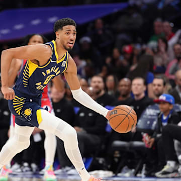 Mar 14, 2025; Philadelphia, Pennsylvania, USA; Indiana Pacers guard Tyrese Haliburton (0) drives with the ball against the Philadelphia 76ers in the third quarter at Wells Fargo Center. Mandatory Credit: Kyle Ross-Imagn Images