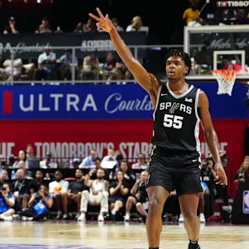 Jul 13, 2024; Las Vegas, NV, USA; San Antonio Spurs forward Harrison Ingram (55) gestures after scoring against the Portland Trail Blazers during the first quarter at Thomas & Mack Center. 