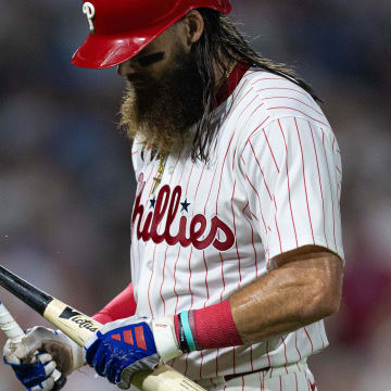 Jul 30, 2024; Philadelphia, Pennsylvania, USA; Philadelphia Phillies outfielder Brandon Marsh breaks his bat.
