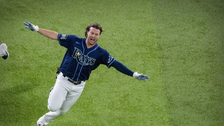 Oct 24, 2020; Arlington, Texas, USA; Tampa Bay Rays right fielder Brett Phillips (14) celebrates