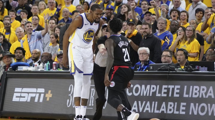 April 13, 2019; Oakland, CA, USA; Golden State Warriors forward Kevin Durant (35) reacts after LA Clippers guard Patrick Beverley (21) loses the ball out of bounds during the fourth quarter in game one of the first round of the 2019 NBA Playoffs at Oracle Arena. Mandatory Credit: Kyle Terada-USA TODAY Sports