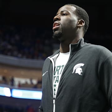 Mar 19, 2017; Tulsa, OK, USA; Golden State Warriors power forward Draymond Green before the game between the Kansas Jayhawks and the Michigan State Spartans in the second round of the 2017 NCAA Tournament at BOK Center. Mandatory Credit: Kevin Jairaj-Imagn Images
