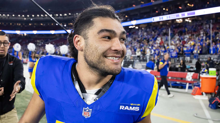 Los Angeles Rams wide receiver Puka Nacua celebrates after defeating the Minnesota Vikings. | Mark J. Rebilas-Imagn Images