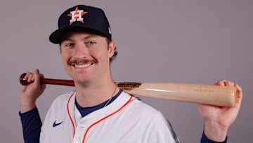 Feb 20, 2025; West Palm Beach, FL, USA;  Houston Astros outfielder Jacob Melton poses for a photo at the Houston Astros media day. Mandatory Credit: Reinhold Matay-Imagn Images