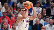 Kansas Jayhawks guard Kohl Rosario (7) lines up a three-pointer during the first half of the game against Texas A&M-Corpus Christi Islanders inside Allen Fieldhouse on Nov. 11, 2025.