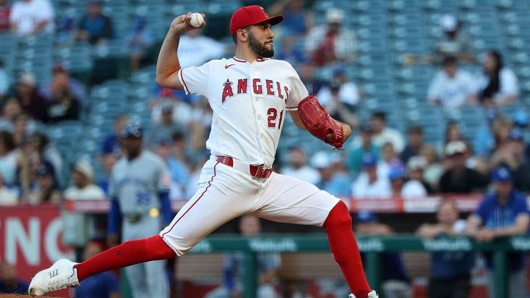 Aug 14, 2026; Anaheim, California, USA;  Los Angeles Angels pitcher Grayson Rodriguez (21) pitches during the first inning against the Kansas City Royals at Angel Stadium. Mandatory Credit: Kiyoshi Mio-Imagn Images