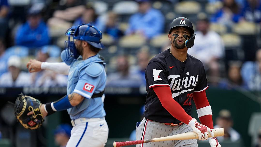 Apr 2, 2026; Kansas City, Missouri, USA; Minnesota Twins third baseman Royce Lewis (23) reacts after striking out during the ninth inning against the Kansas City Royals at Kauffman Stadium.