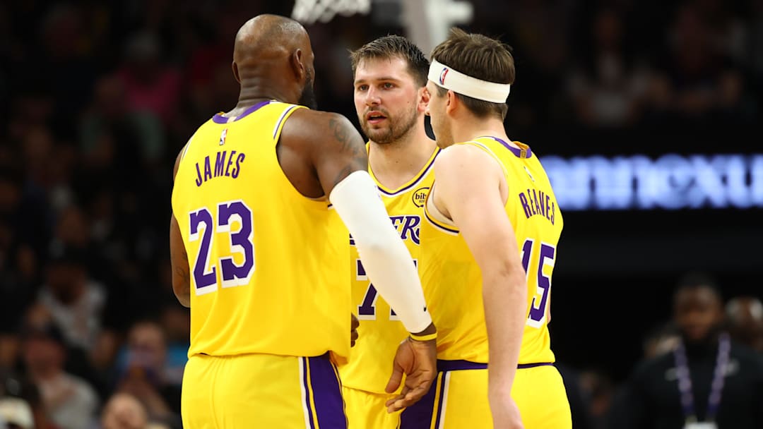 Los Angeles Lakers' LeBron James, Luka Doncic, and Austin Reaves.