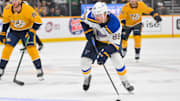 Mar 18, 2025; Nashville, Tennessee, USA;  St. Louis Blues left wing Pavel Buchnevich (89) takes a shot on goal against the Nashville Predators during the first period at Bridgestone Arena. Mandatory Credit: Steve Roberts-Imagn Images