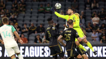 Aug 7, 2024; Los Angeles, California, USA;  LAFC goalkeeper Hugo Lloris (1) punches the ball away during the second half against the Austin FC at BMO Stadium. Mandatory Credit: Kiyoshi Mio-USA TODAY Sports