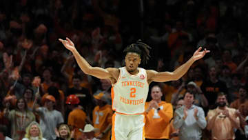 Tennessee's Chaz Lanier (2) encouraging the fans to cheer after he scoring a 3-point shot during an NCAA college basketball game against Kentucky on Tuesday, Jan. 28, 2025, in Knoxville, Tenn.