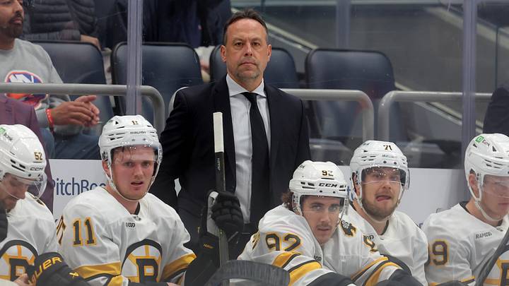 Nov 4, 2025; Elmont, New York, USA; Boston Bruins head coach Marco Sturm coaches against the New York Islanders during the first period at UBS Arena. Mandatory Credit: Brad Penner-Imagn Images Nov 4, 2025; Elmont, New York, USA; Boston Bruins head coach Marco Sturm coaches against the New York Islanders during the first period at UBS Arena. Mandatory Credit: Brad Penner-Imagn Images