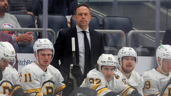 Nov 4, 2025; Elmont, New York, USA; Boston Bruins head coach Marco Sturm coaches against the New York Islanders during the first period at UBS Arena. Mandatory Credit: Brad Penner-Imagn Images Nov 4, 2025; Elmont, New York, USA; Boston Bruins head coach Marco Sturm coaches against the New York Islanders during the first period at UBS Arena. Mandatory Credit: Brad Penner-Imagn Images