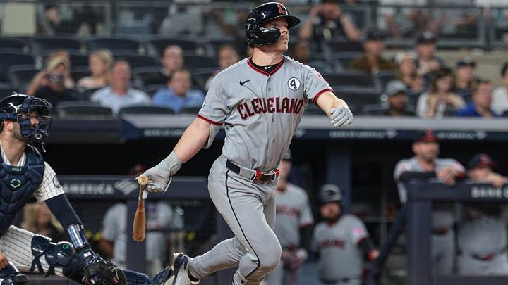 Jun 2, 2026: Cleveland Guardians second baseman Travis Bazzana (37) hits a three-run double during the eighth inning against the New York Yankees at Yankee Stadium. 
