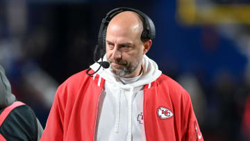 Jan 21, 2024; Orchard Park, New York, USA; Kansas City Chiefs offensive coordinator Matt Nagy on the sidelines in the second half of a 2024 AFC divisional round game against the Buffalo Bills at Highmark Stadium. Mandatory Credit: Mark Konezny-USA TODAY Sports