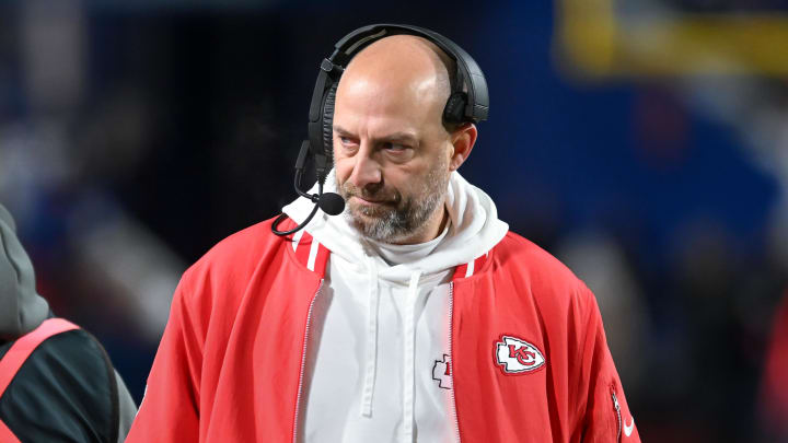 Jan 21, 2024; Orchard Park, New York, USA; Kansas City Chiefs offensive coordinator Matt Nagy on the sidelines in the second half of a 2024 AFC divisional round game against the Buffalo Bills at Highmark Stadium. Mandatory Credit: Mark Konezny-USA TODAY Sports